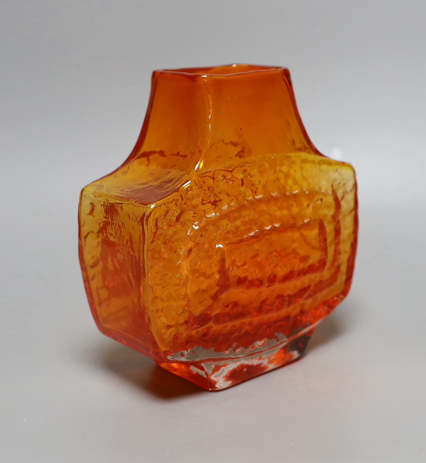 A Whitefriars 'TV' glass vase, designed by Geoffrey Baxter, pattern number 9677, tangerine glass, 17cm tall